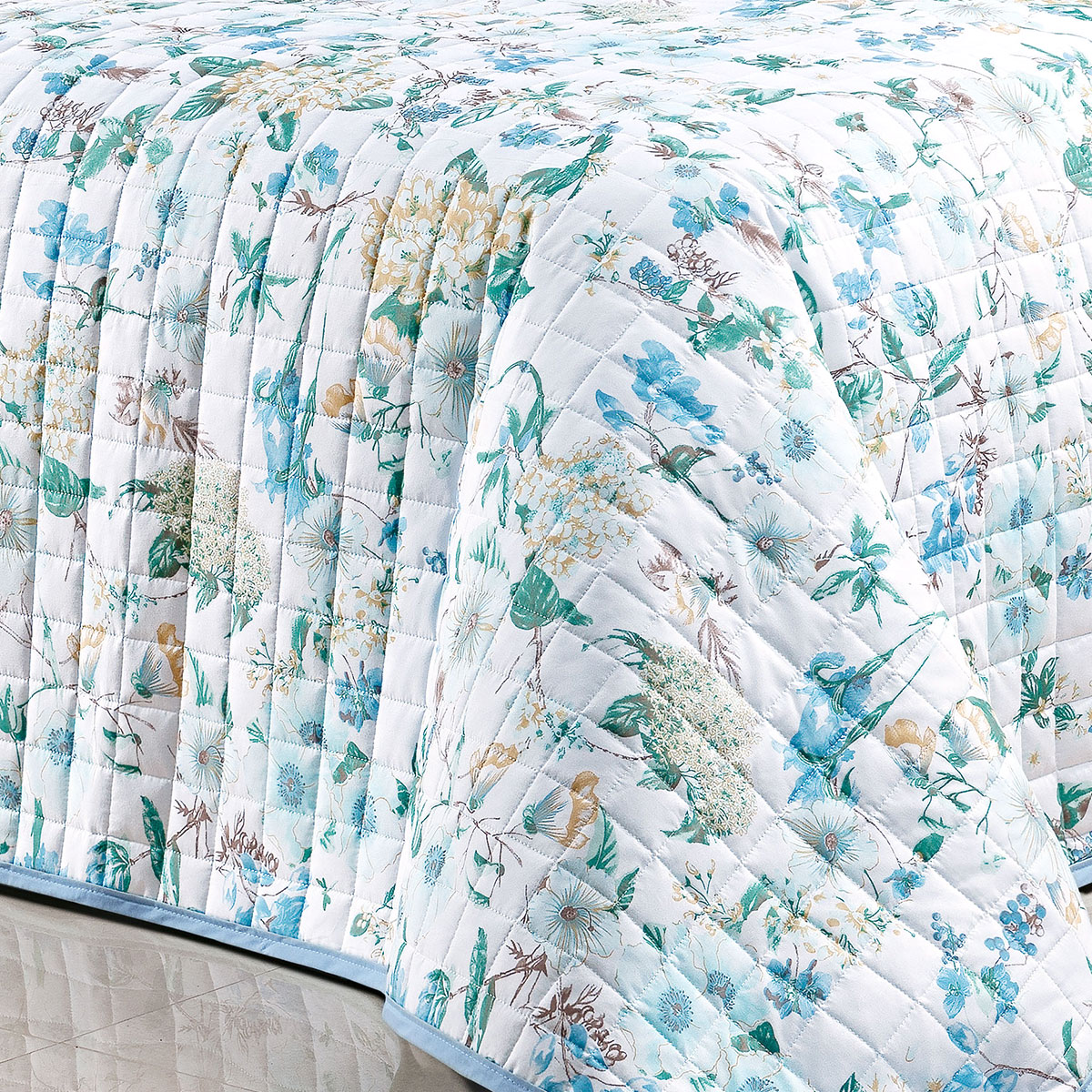 Colcha Menina Solteiro Floral Azul 200 Fios 100% Algodão + Jogo de Cama - 5 Peças