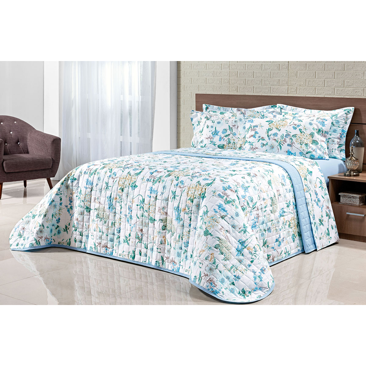 Colcha Menina Solteiro Floral Azul 200 Fios 100% Algodão + Jogo de Cama - 5 Peças