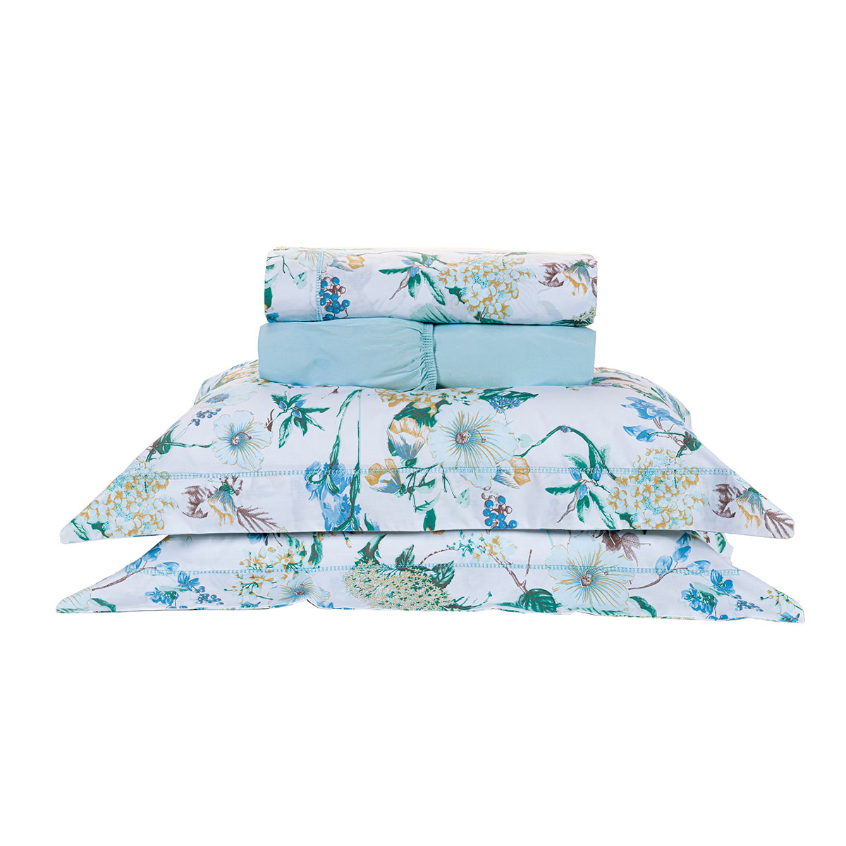Colcha Menina Solteiro Floral Azul 200 Fios 100% Algodão + Jogo de Cama - 5 Peças