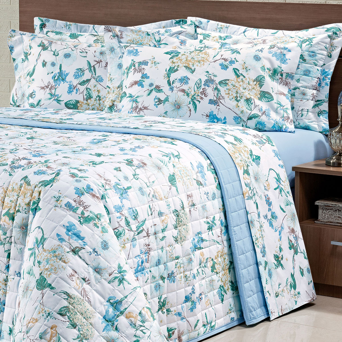 Colcha Menina Solteiro Floral Azul 200 Fios 100% Algodão + Jogo de Cama - 5 Peças