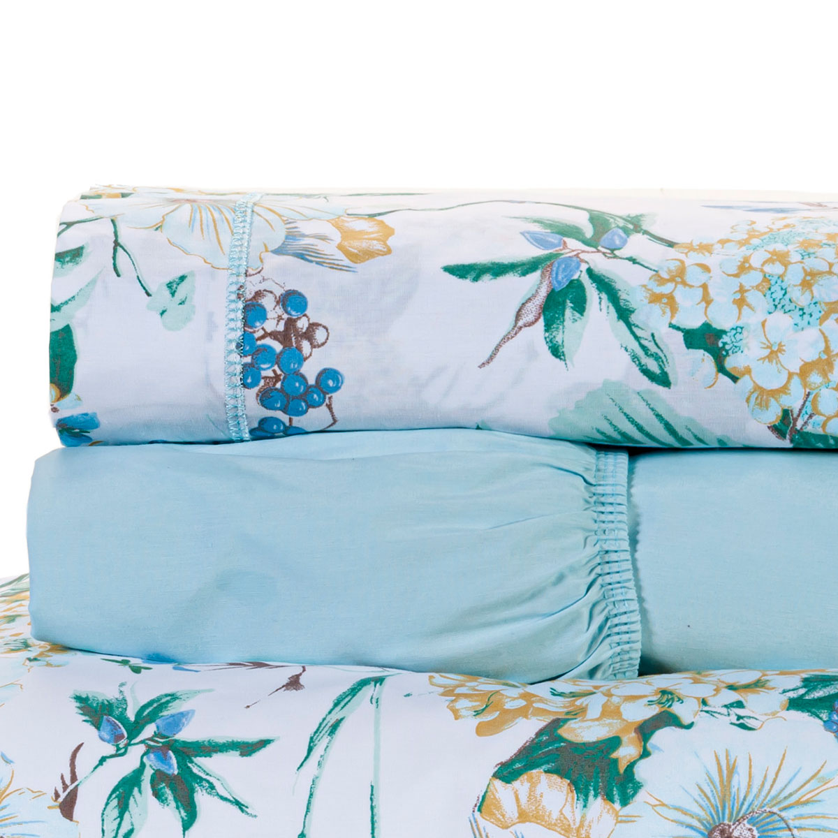 Colcha Menina Solteiro Floral Azul 200 Fios 100% Algodão + Jogo de Cama - 5 Peças