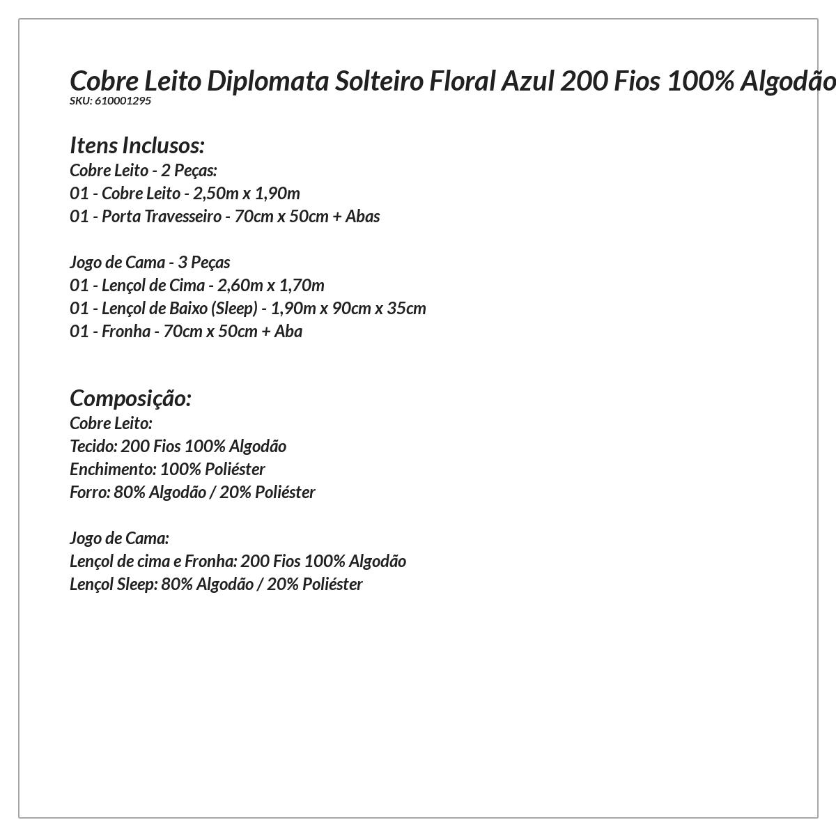 Colcha Menina Solteiro Floral Azul 200 Fios 100% Algodão + Jogo de Cama - 5 Peças