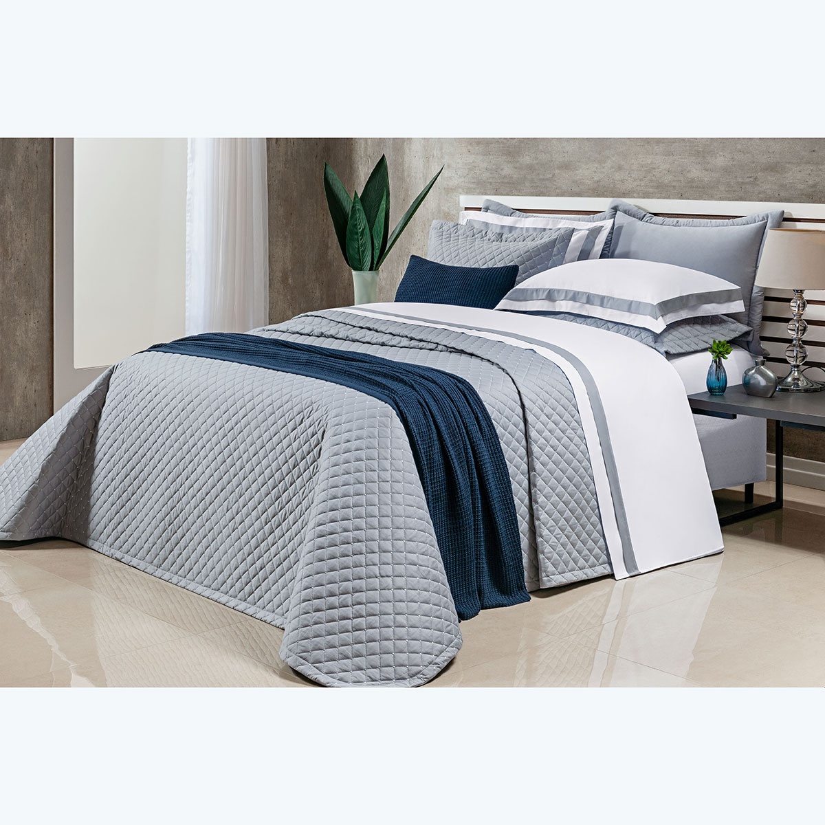 Colcha Queen Size Cinza 400 Fios Egípcio 100% Algodão 3 Peças 2,60m x 2,40m