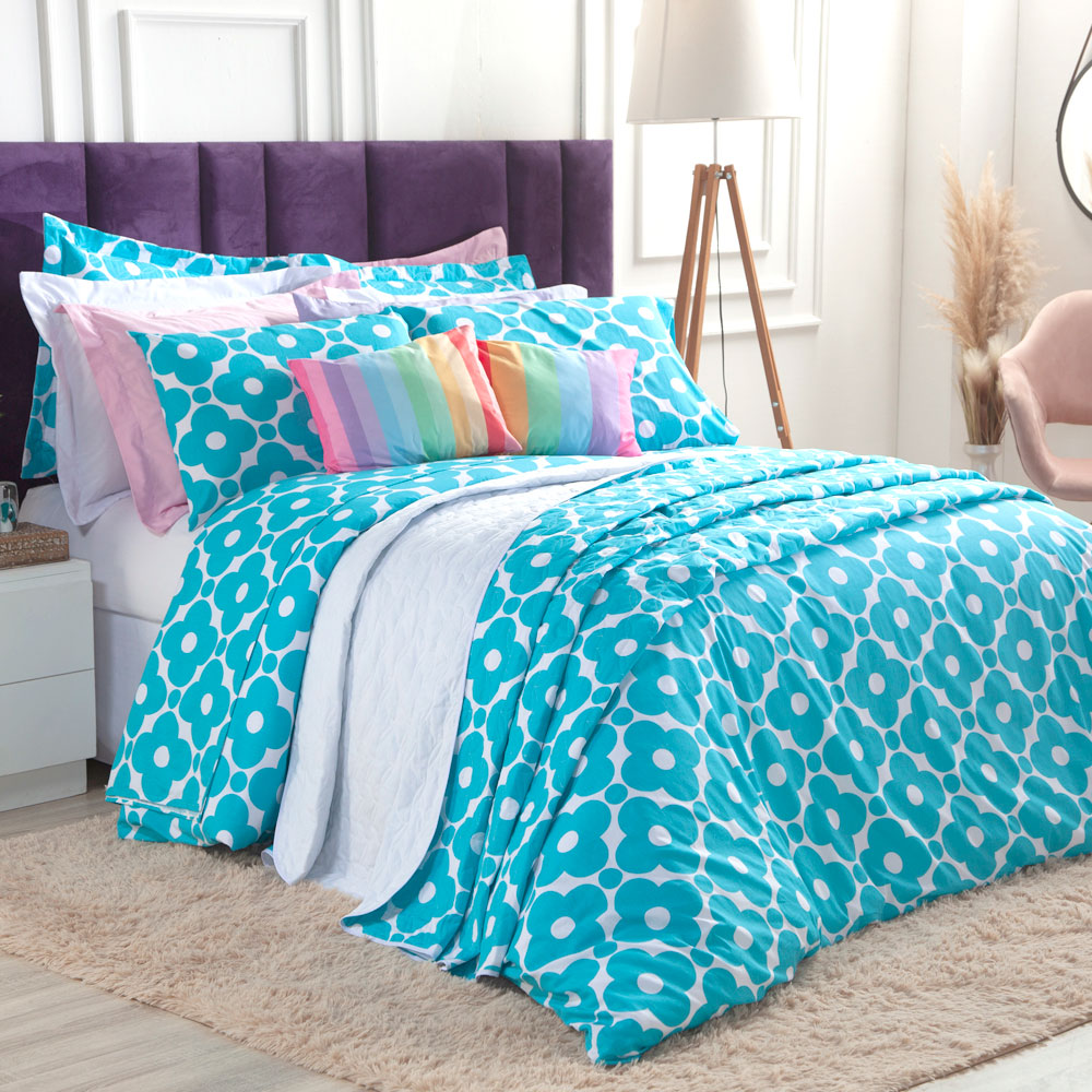 Colcha Queen Size Estampado Geométrico Azul 3 Peças 100% Algodão 200 Fios