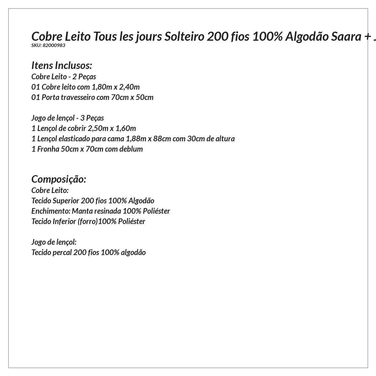 Colcha Solteiro 100% Algodão Saara + Jogo de Lençol Solteiro 200 Fios - 5 Peças