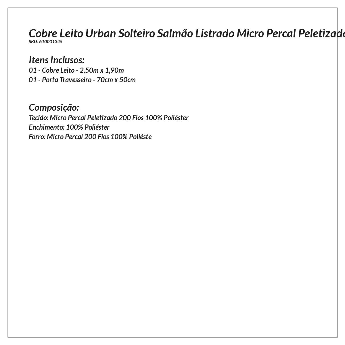 Colcha Solteiro Salmão Listrado Micro Percal Peletizado 200 Fios 2 Peças 2,50m x 1,90m