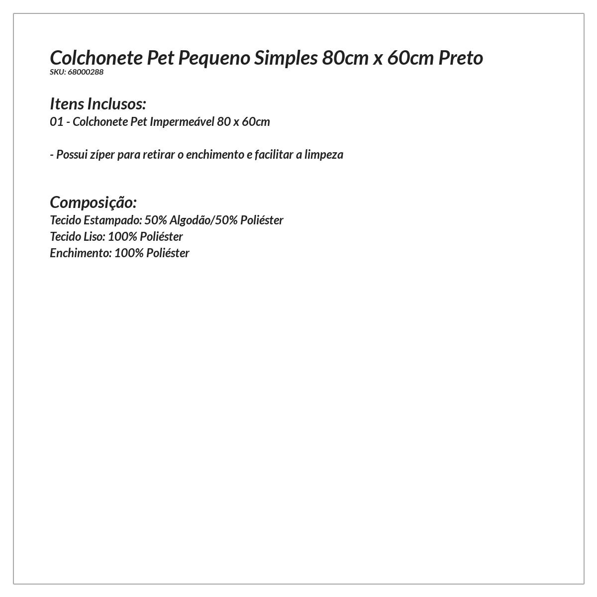 Colchonete Pet Pequeno Simples 80cm x 60cm Preto