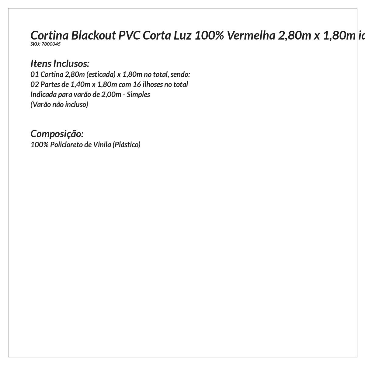Cortina Blackout Corta Luz Vermelha de PVC 2,80m x 1,80m ideal para Varão Simples de 2 metros