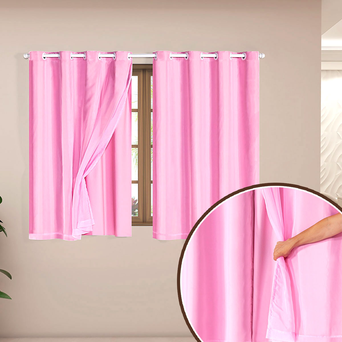 Cortina Blackout Corta Luz com Voil para Quarto Rosa 2,80m x 1,60m para Varão Simples de 2 metros