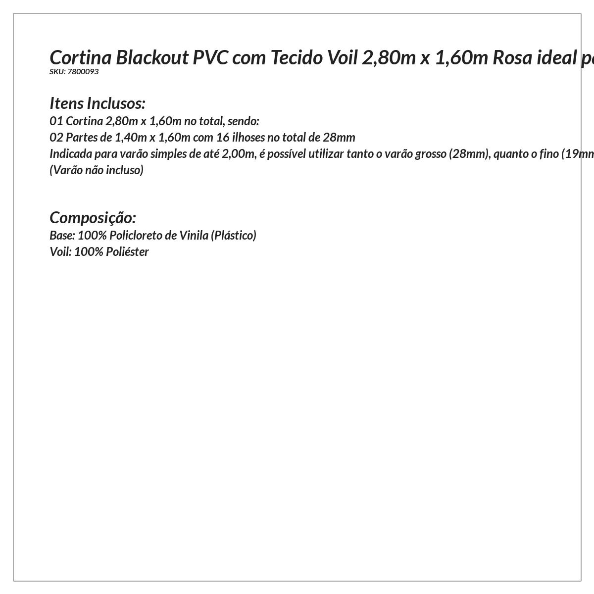 Cortina Blackout Corta Luz com Voil para Quarto Rosa 2,80m x 1,60m para Varão Simples de 2 metros