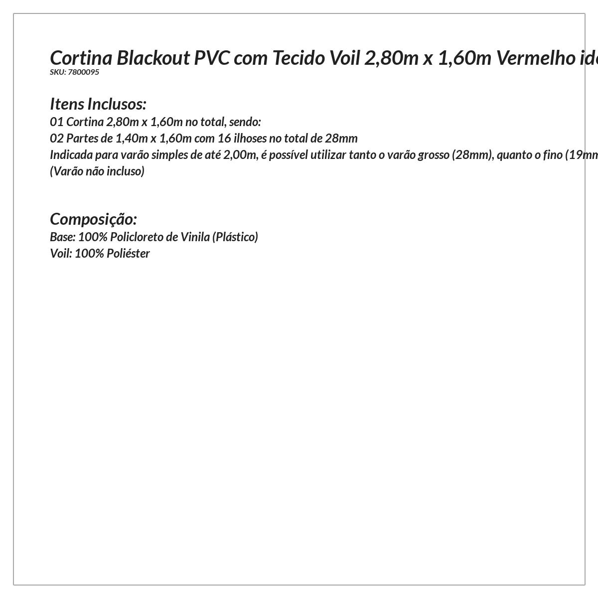 Cortina Blackout Corta Luz com Voil para Quarto Vermelho 2,80m x 1,60m para Varão Simples de 2 metros