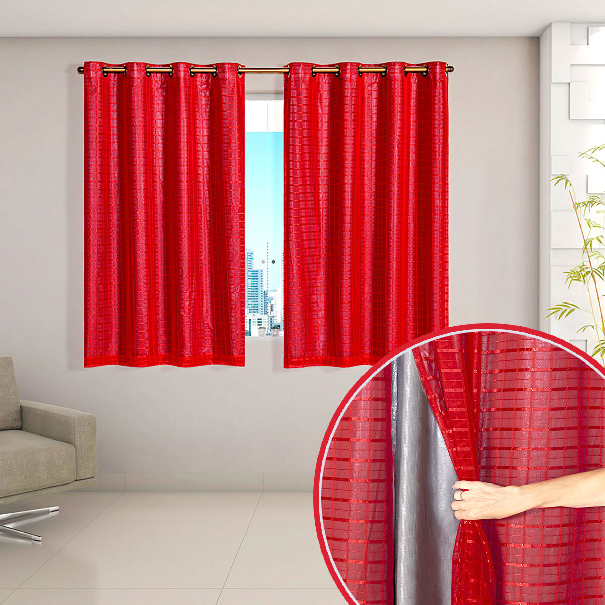 Cortina Blackout Vermelho com Voil Xadrez Corta Luz 100% 2,80m x 1,60m ideal para Varão Simples de 1,50m
