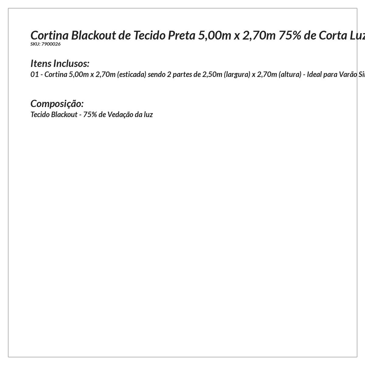 Cortina Blackout em Tecido Preta 5,00m x 2,70m 75% de Corta Luz - Ideal para Varão Simples de 4 Metros