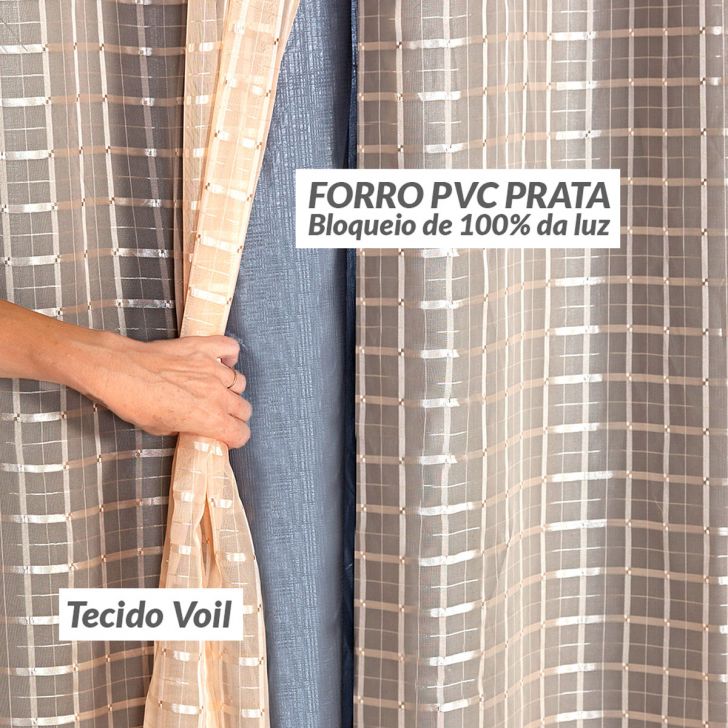 Cortina Blackout Cinza com Voil Xadrez Corta Luz 100% 2,80m x 1