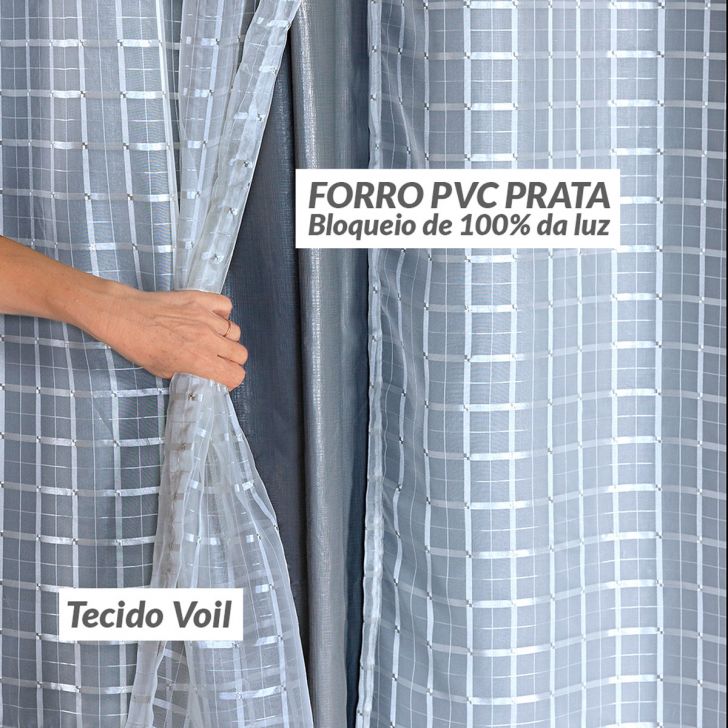 Cortina Blackout Prata com Voil Xadrez 2,80 m x 2,30 m - ecasa home