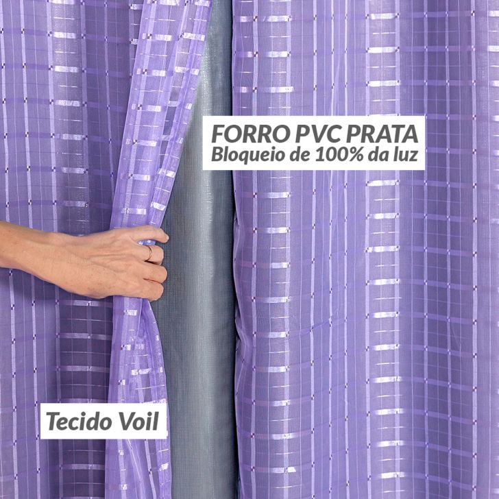 Cortina Blackout Prata com Voil Xadrez 2,80 m x 2,30 m - ecasa home