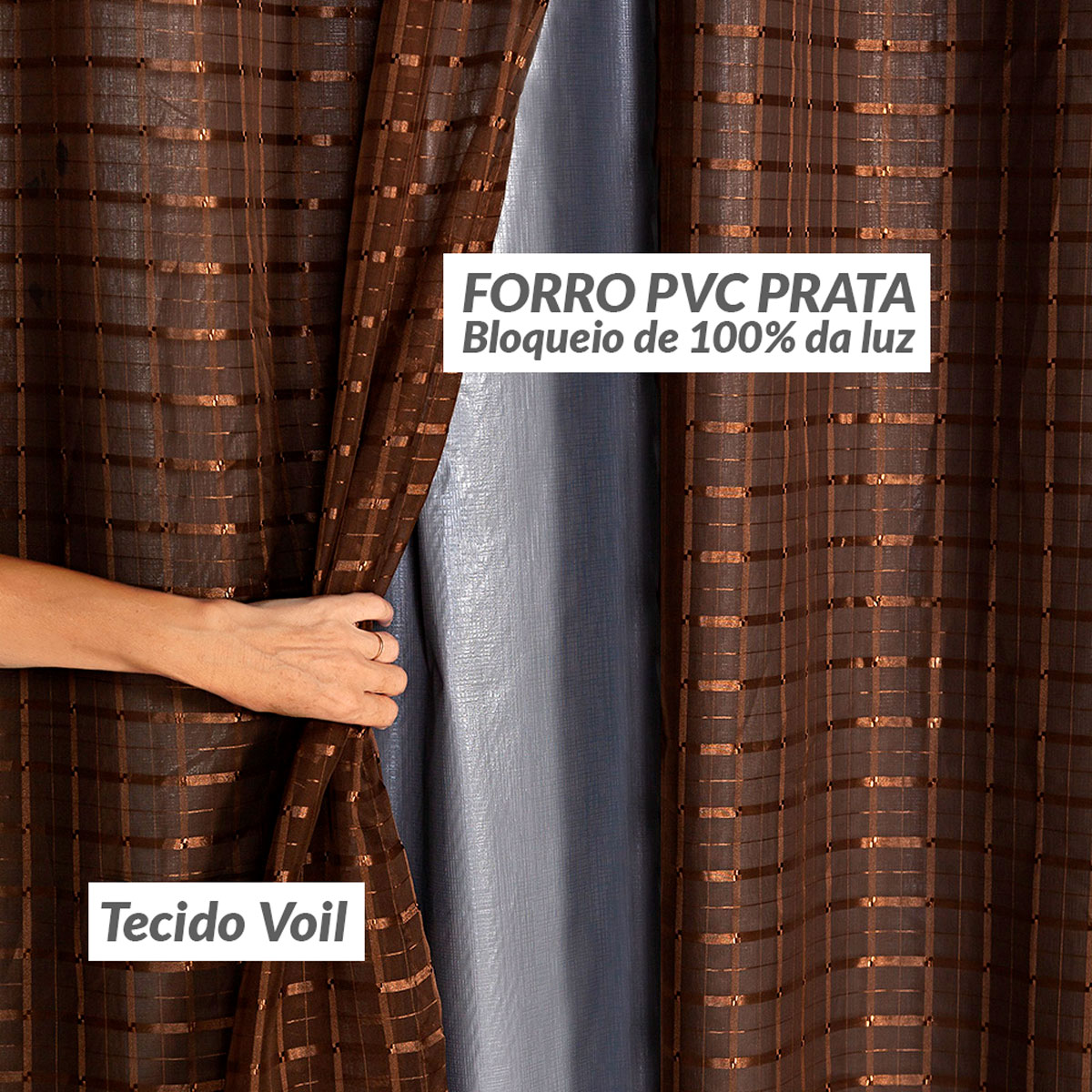 Cortina Blecaute Tabaco com Voal Xadrez Corta Luz 100% 2,80m x 1,60m ideal para Varão Simples de 1,50m