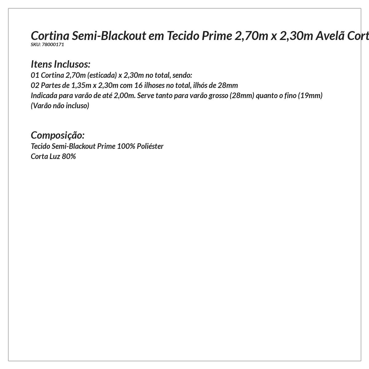 Cortina Blecaute Tecido Avelã 2,70m x 2,30m Corta Luz 80% ideal para Varão Simples de 2 metros