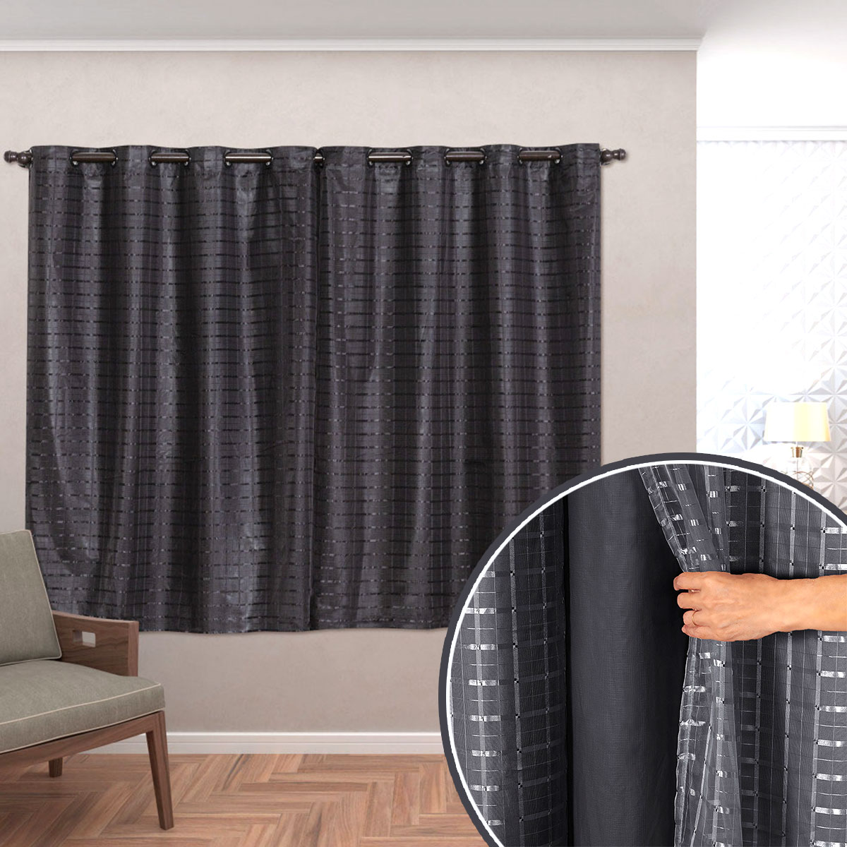 Cortina Blecaute com Voal Xadrez 2,00m x 1,40m Preto ideal para Varão Simples de 1,50m