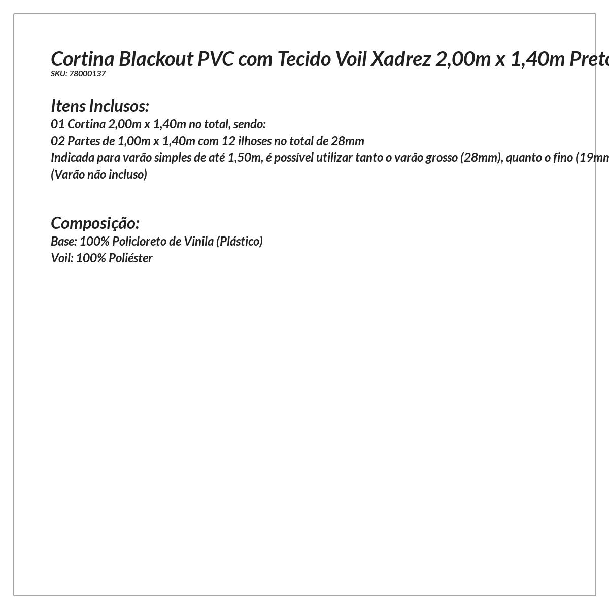 Cortina Blecaute com Voal Xadrez 2,00m x 1,40m Preto ideal para Varão Simples de 1,50m