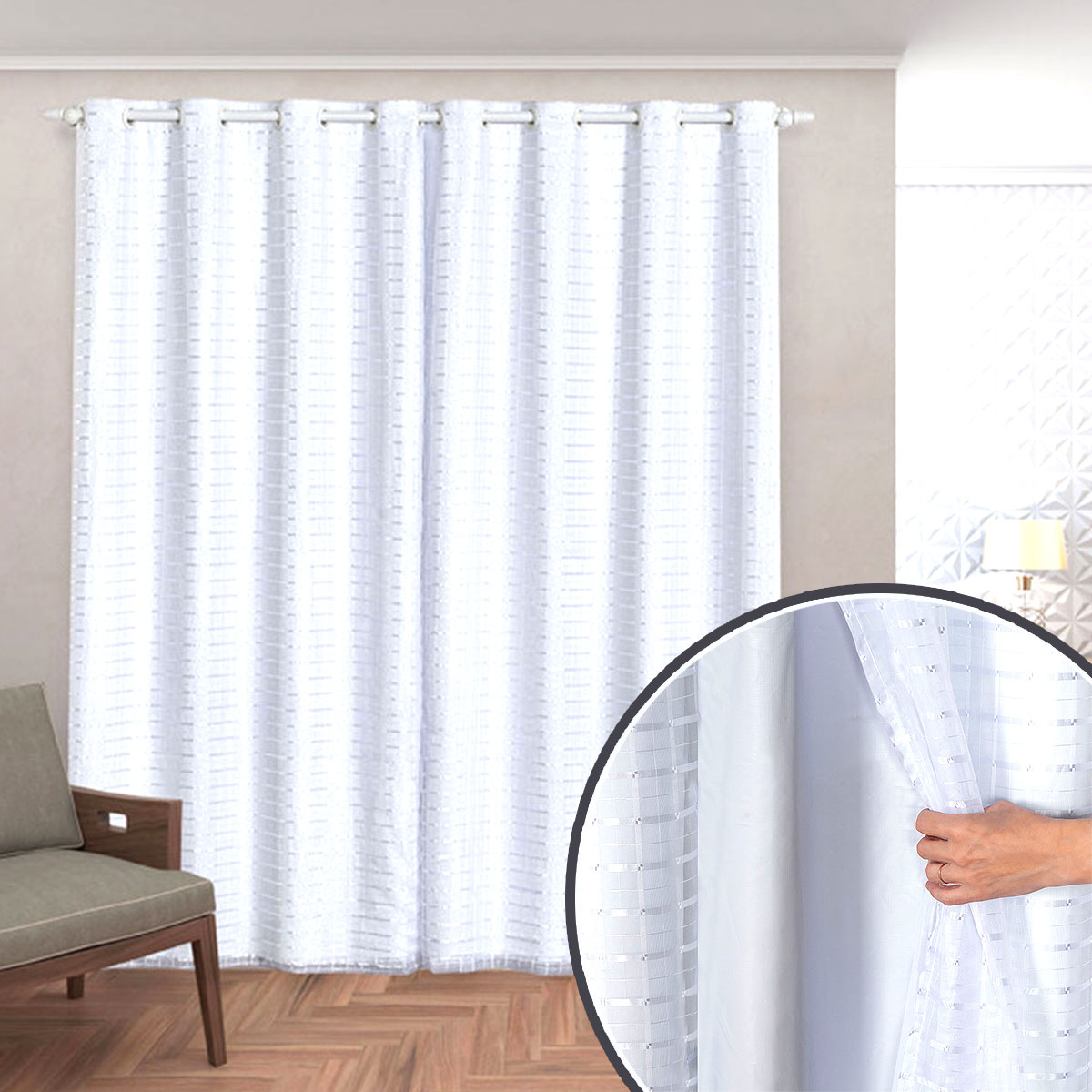 Cortina Blecaute com Voal Xadrez 2,80m x 2,30m Branco ideal para Varão Simples de 2 Metros