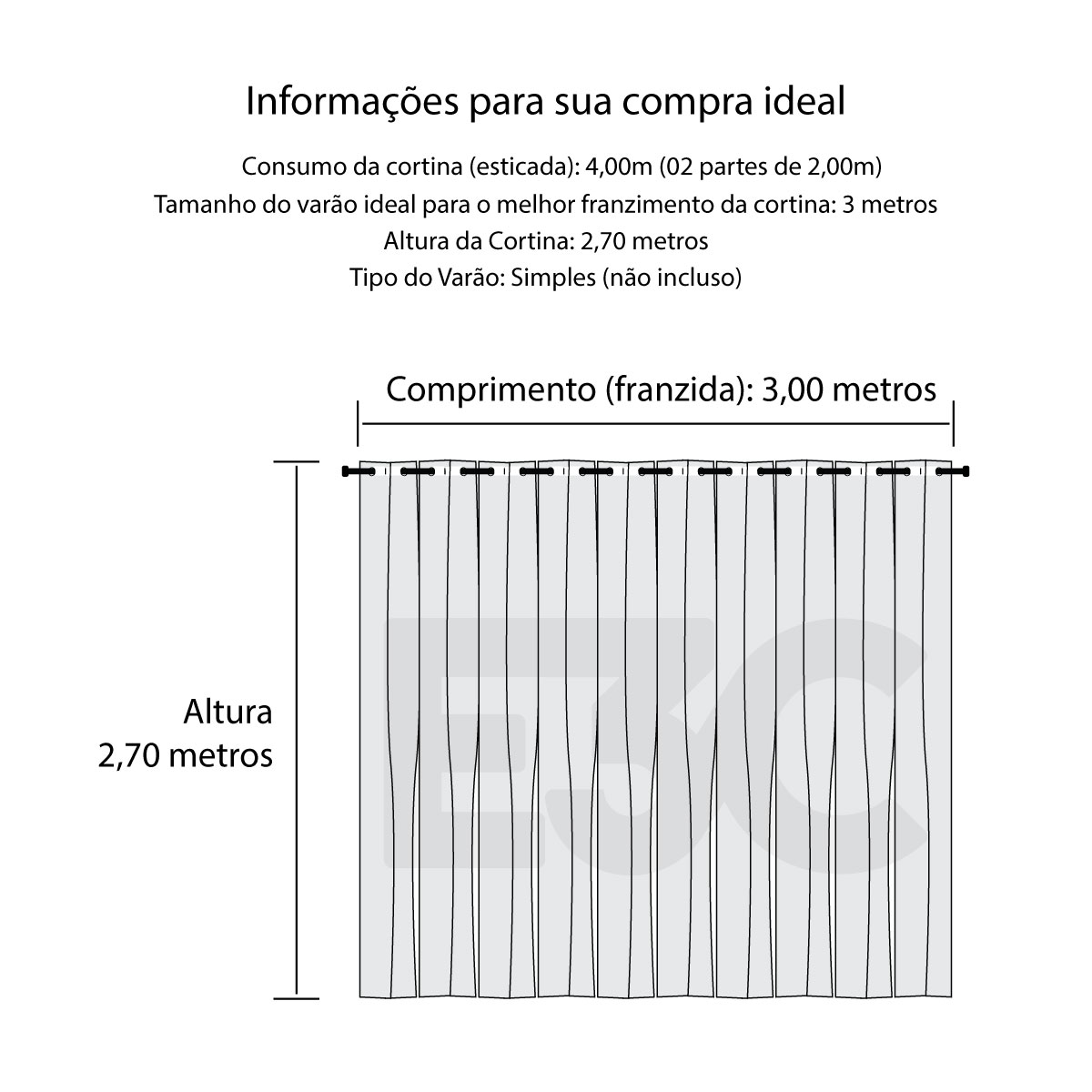 Cortina Blecaute de Tecido Cinza 4,00m x 2,70m 75% de Corta Luz - Ideal para Varão Simples de 3 Metros