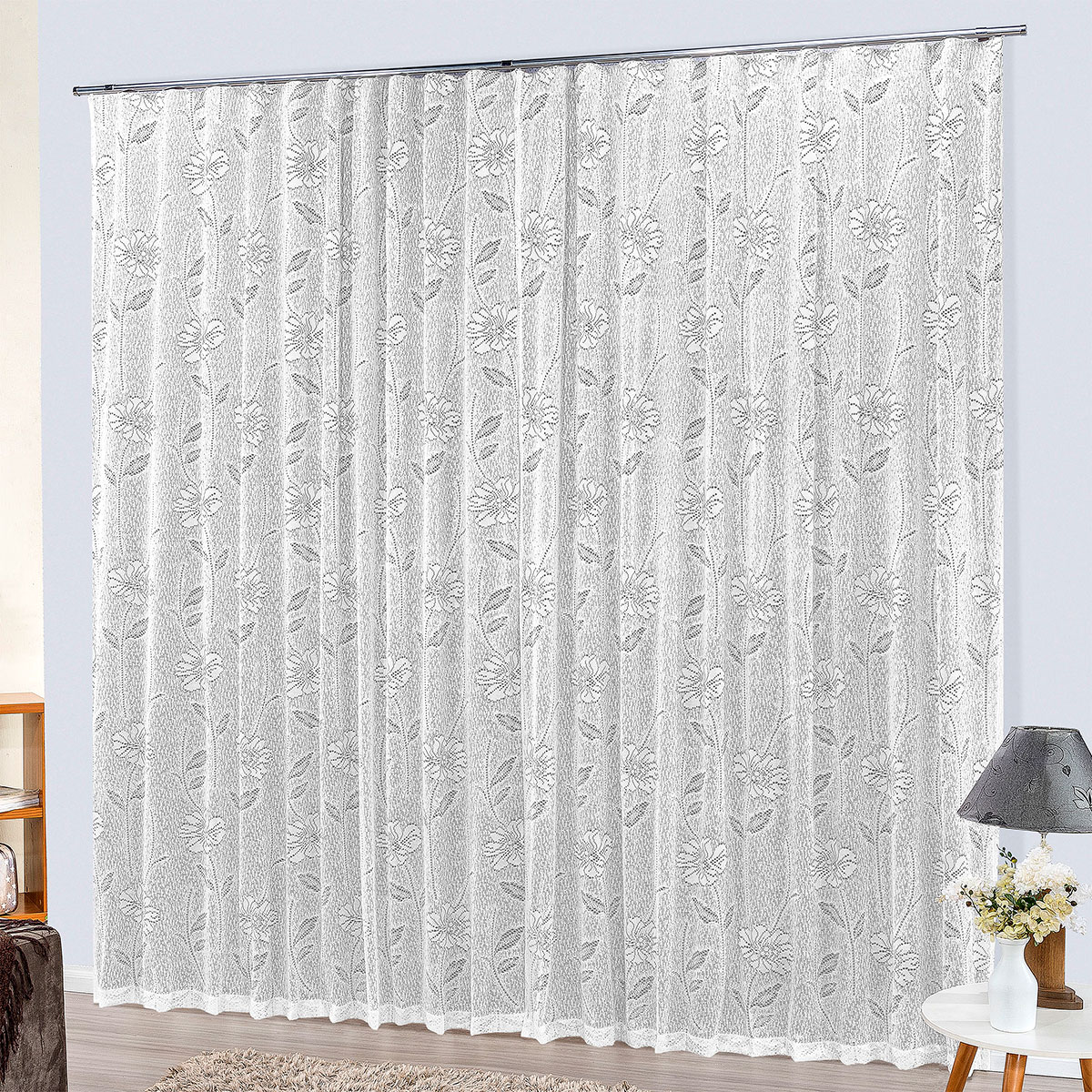 Cortina Trilho Suíço de Renda Branca Catar 4,40m x 2,50m para Trilho de 3 Metros