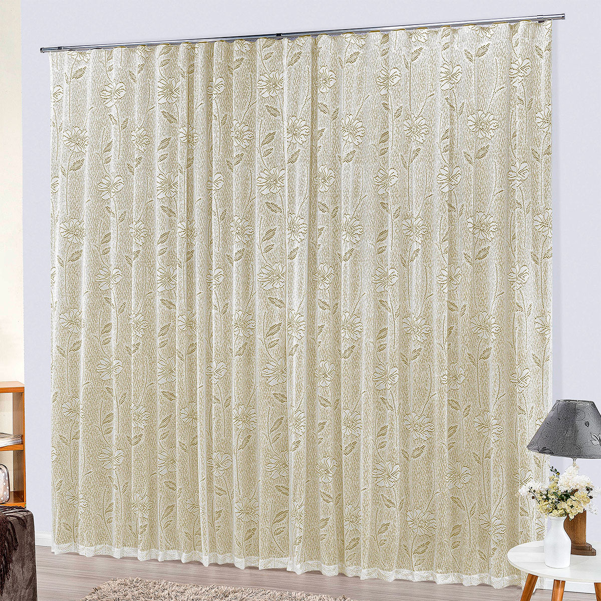 Cortina Trilho Suíço de Renda Palha Catar 5,90m x 2,50m para Trilho de 4 Metros
