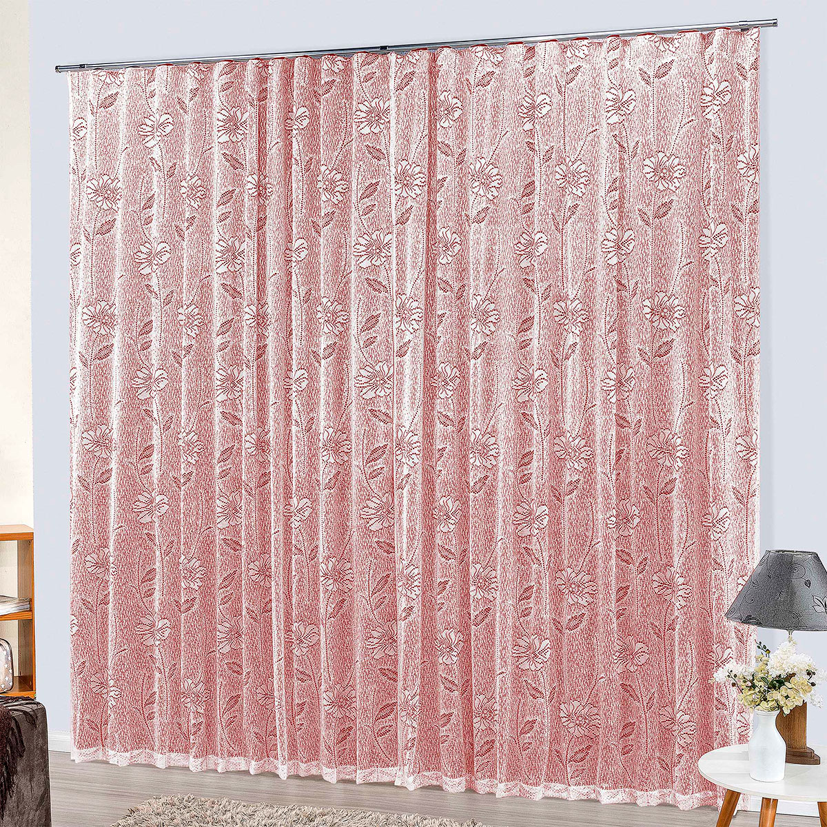 Cortina Trilho Suisso de Renda Vermelha Catar 4,40m x 2,50m para Trilho de 3 Metros