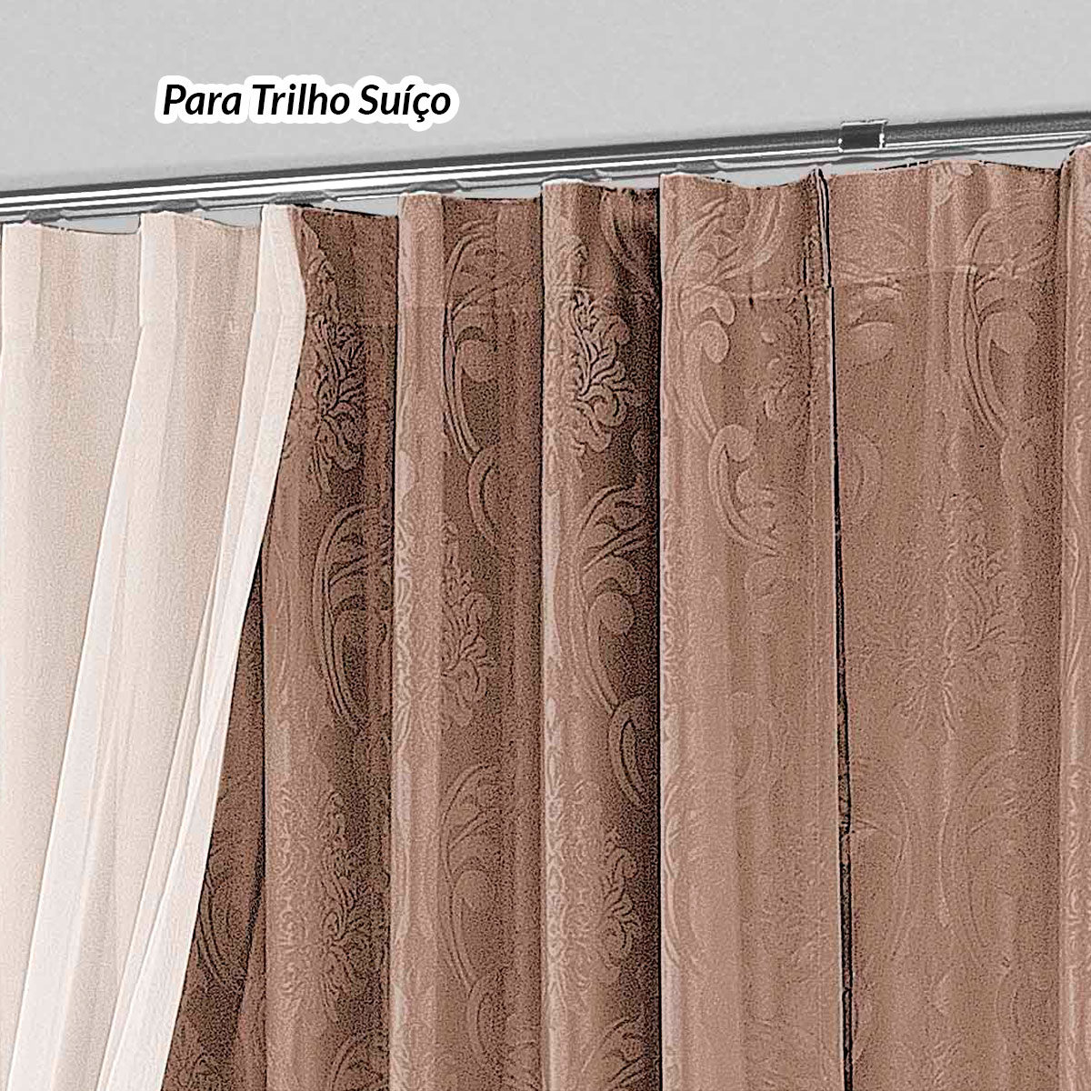 Cortina de Trilho Suíço Bege com Voil 4,50m x 2,50m para Trilho de 3 Metros