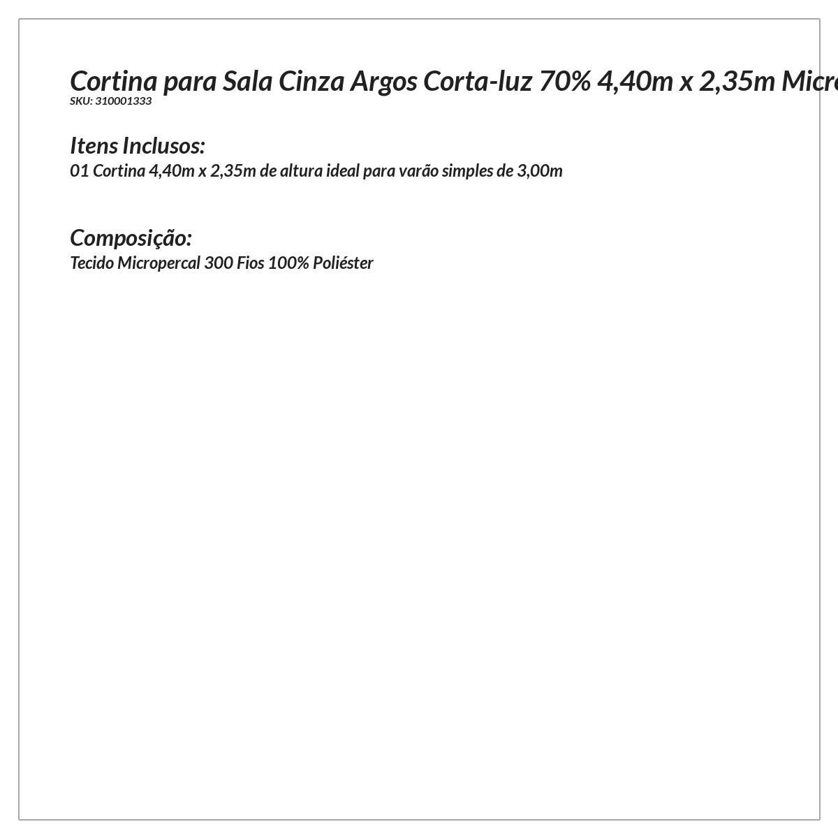Cortina para Quarto Cinza Argos Corta-luz 70% 4,40m x 2,35m Micropercal 300 Fios ideal para varão simples de 3 Metros