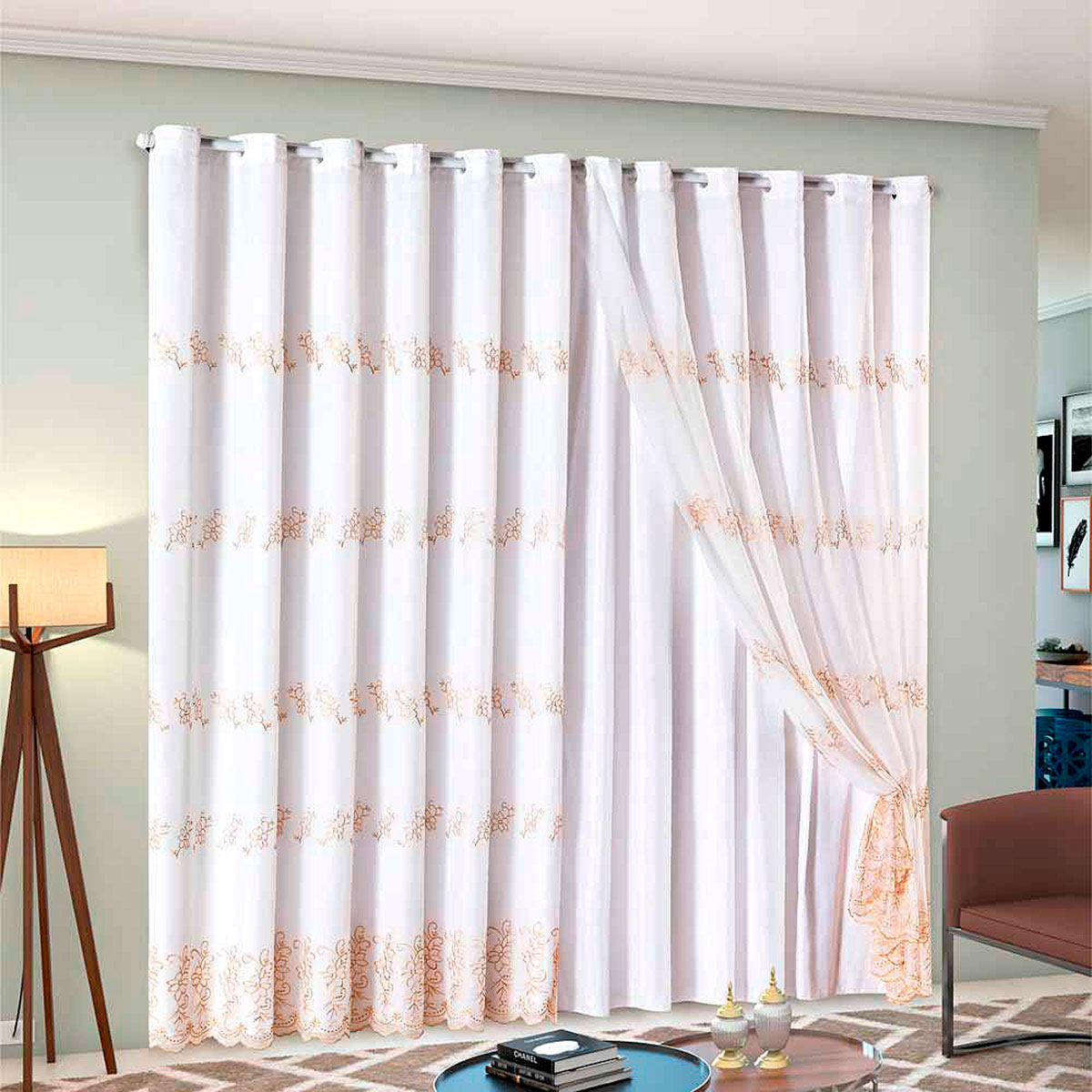 Cortina para Sala de Voil com Forro 3,00m x 2,50m Loren Bordada com detalhes Dourado ideal para Varão de 2 metros simples