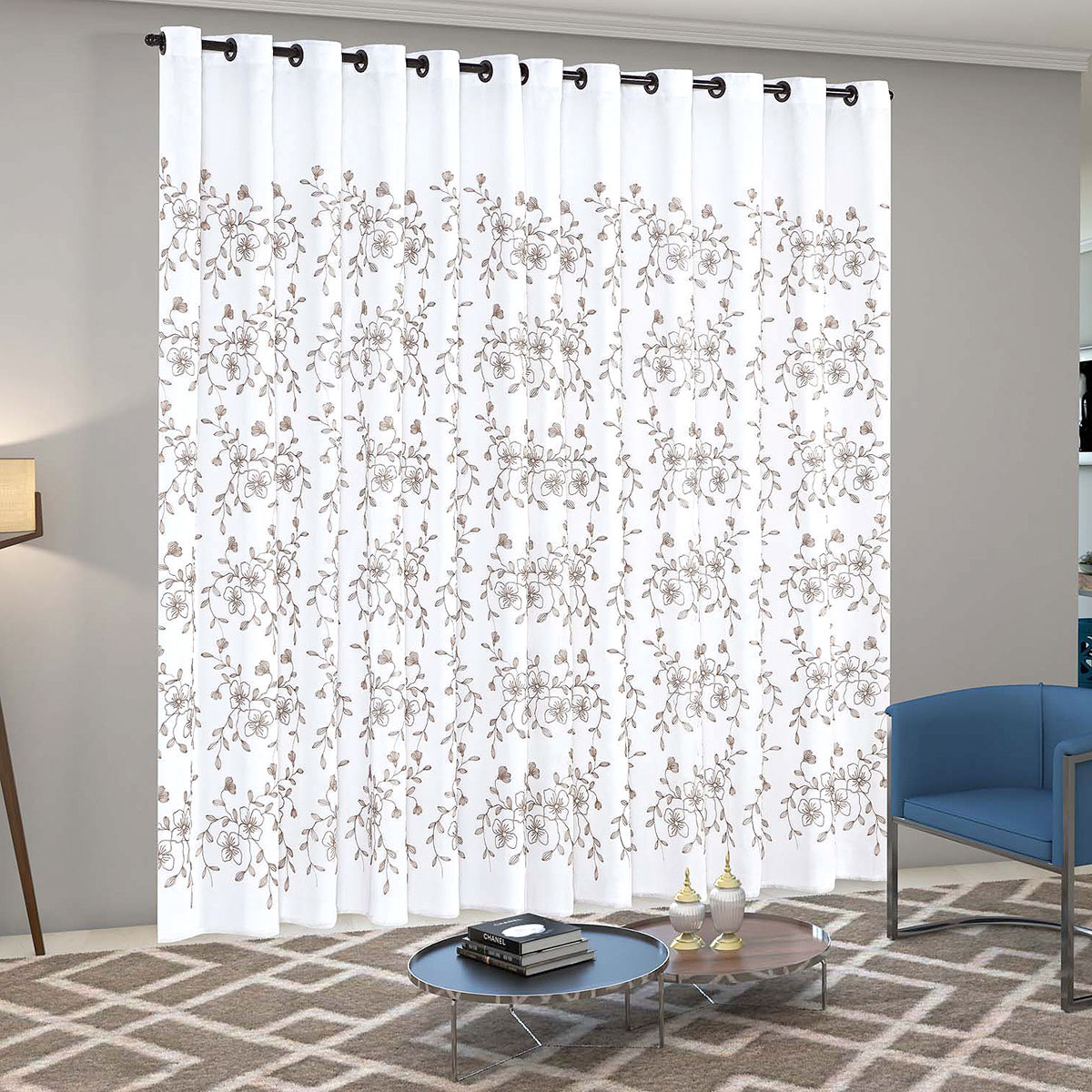 Cortina para Sala de Voil com Forro 4,00m x 2,50m Loren Bordada com detalhes Avelã ideal para Varão de 3 metros simples
