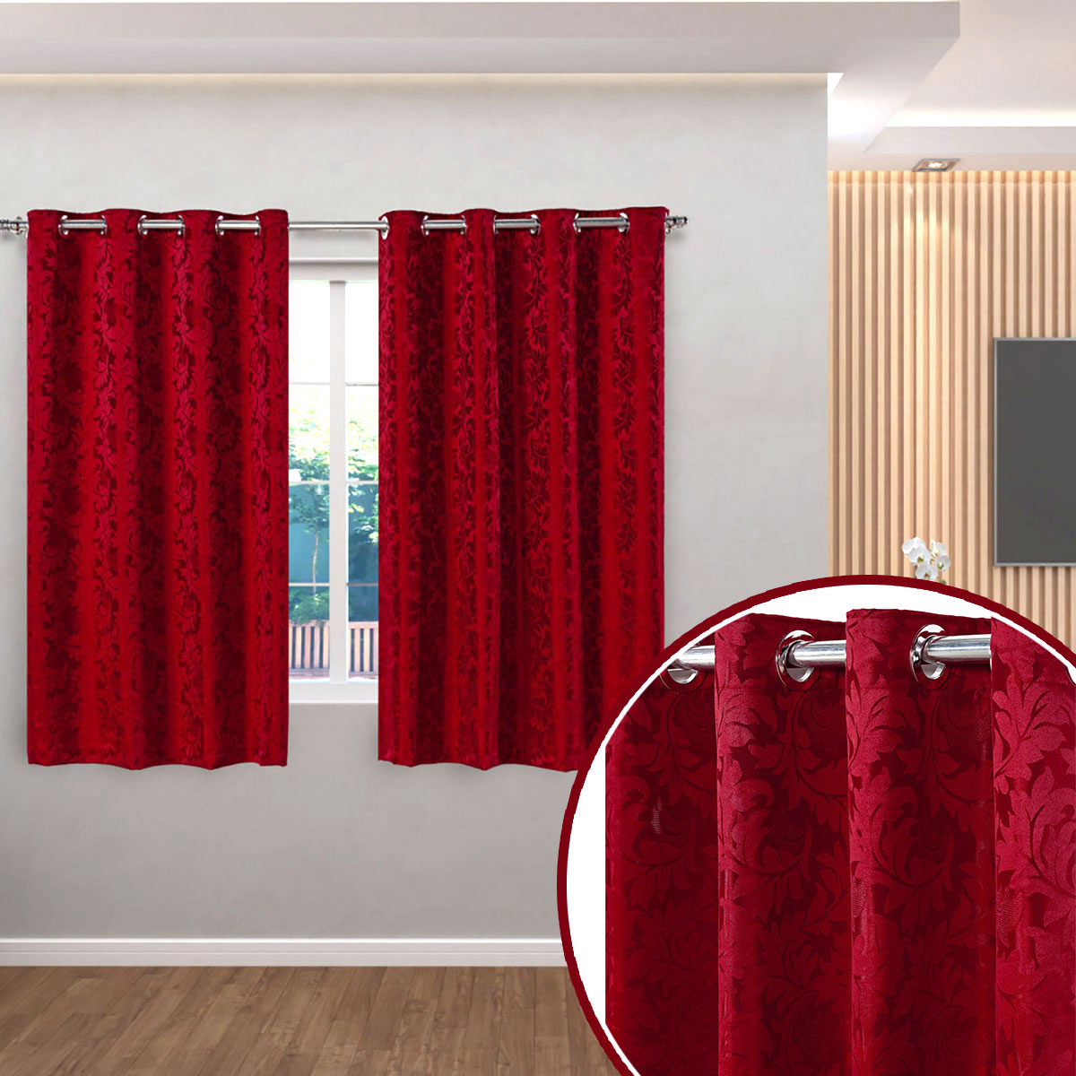 Cortina para Varão Jacquard 2,70m x 1,60m Vermelho ideal para Varão Simples de 2 Metros