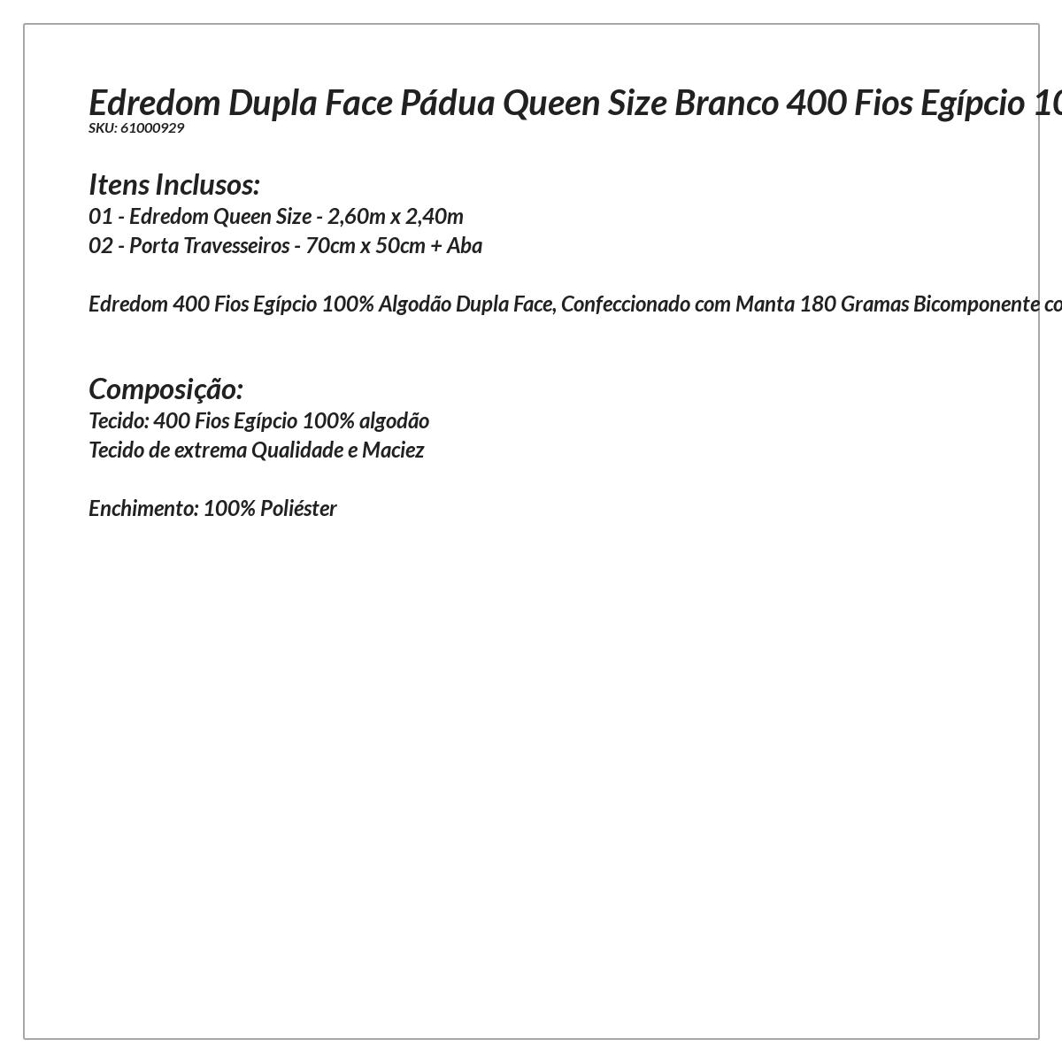 Edredom Dupla Face Queen Size Branco 400 Fios Egípcio 100% Algodão 3 Peças
