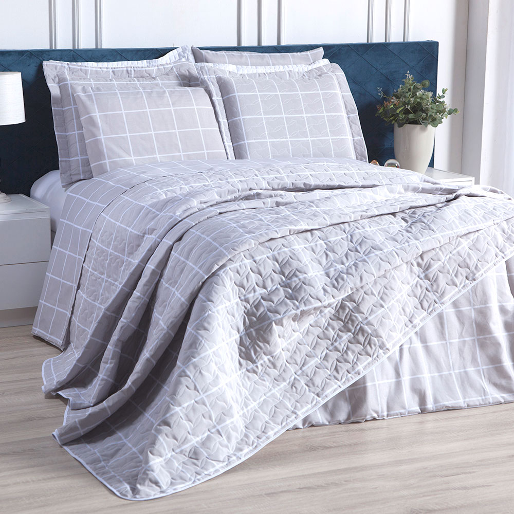 Edredom Estampado Grid Cinza Solteiro 2,50m x 1,60m 160 Fios