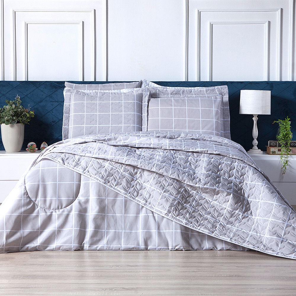 Edredom Estampado Grid Cinza Solteiro 2,50m x 1,60m 160 Fios