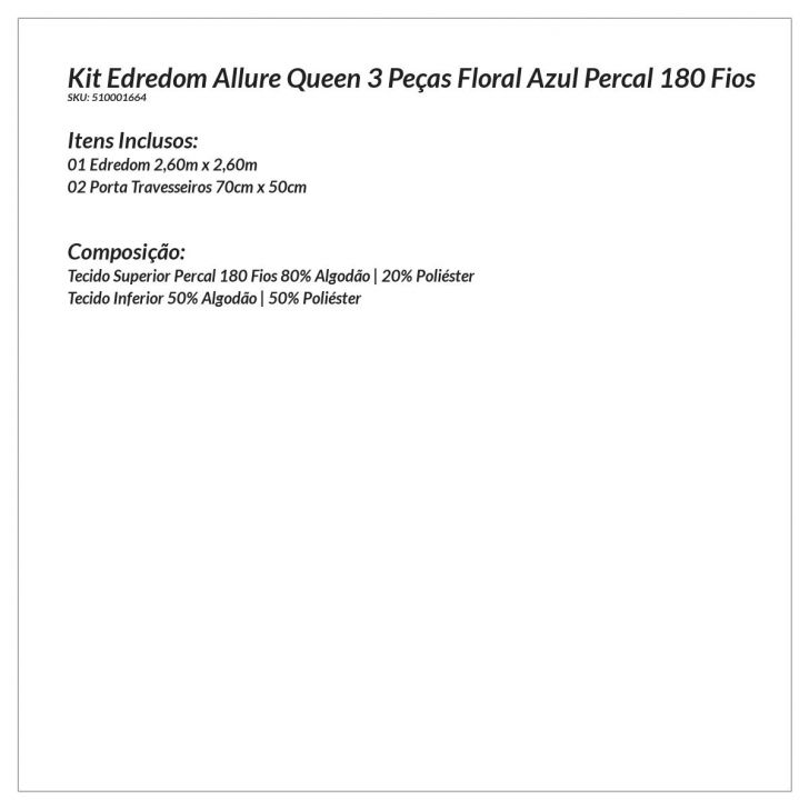 Kit Edredom Queen Azul 3 Peças Xadrez Azul Percal 180 Fios 2,60m x 2,60m