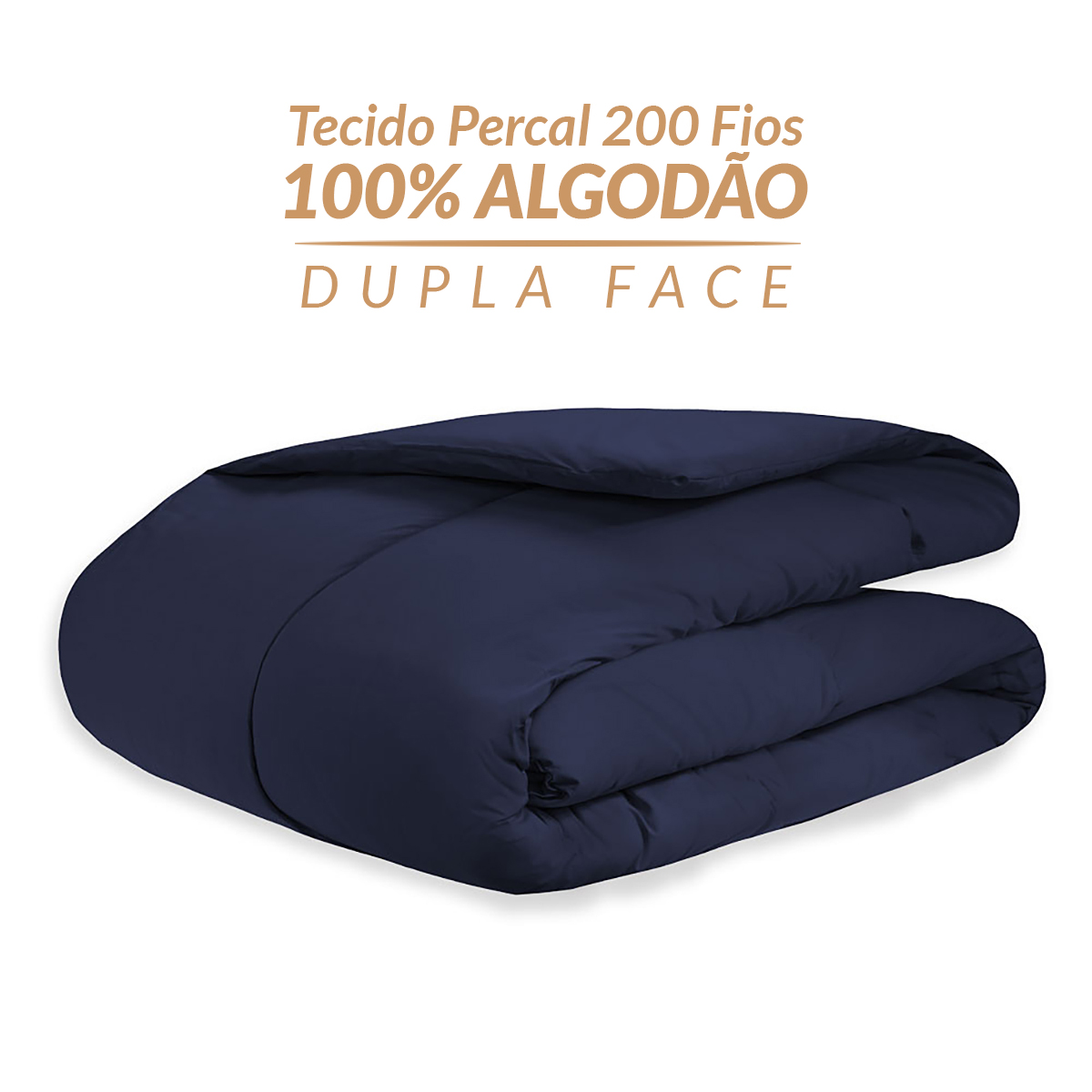 Edredom Queen Azul Marinho Dupla Face Toque Macio 100% Algodão Percal 200 Fios