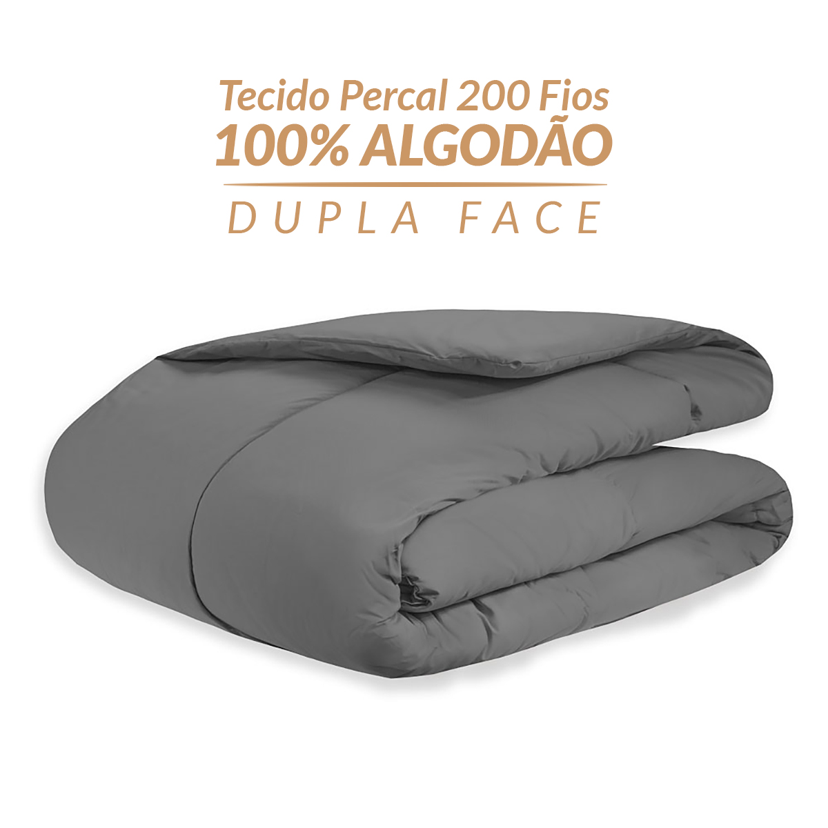 Edredom Queen Dupla Face Cinza Toque Macio 100% Algodão Percal 200 Fios