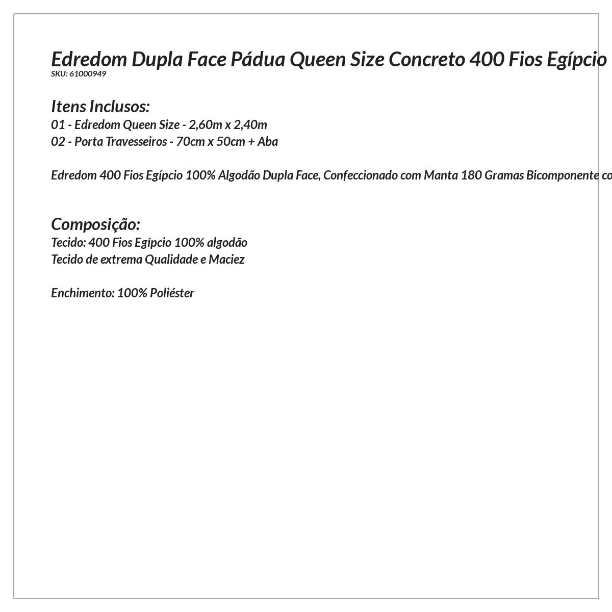 Edredom Queen Size Dupla Face Concreto 400 Fios Egípcio 100% Algodão 3 Peças