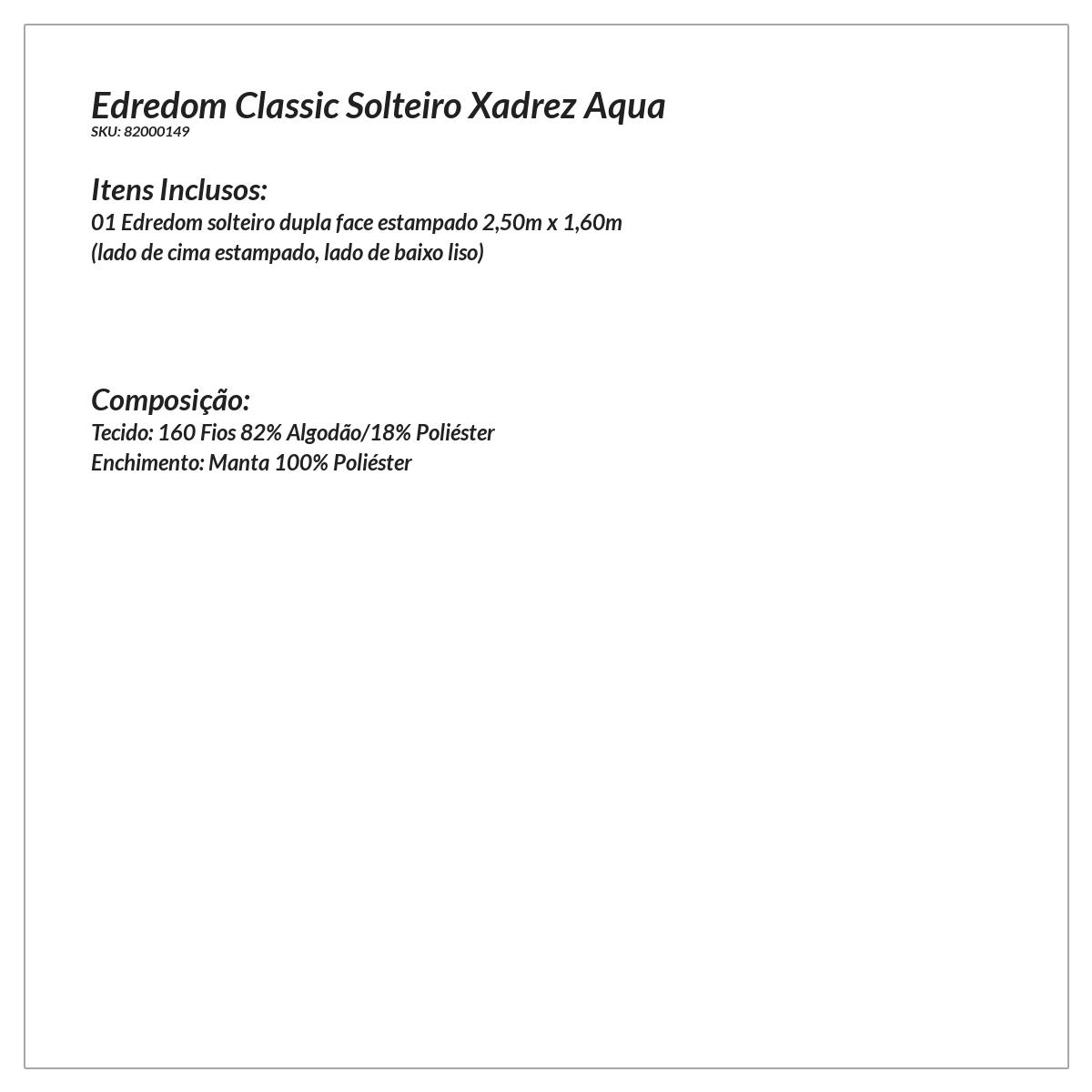 Edredom Solteiro Estampado Xadrez Aqua 2,50m x 1,60m 160 Fios