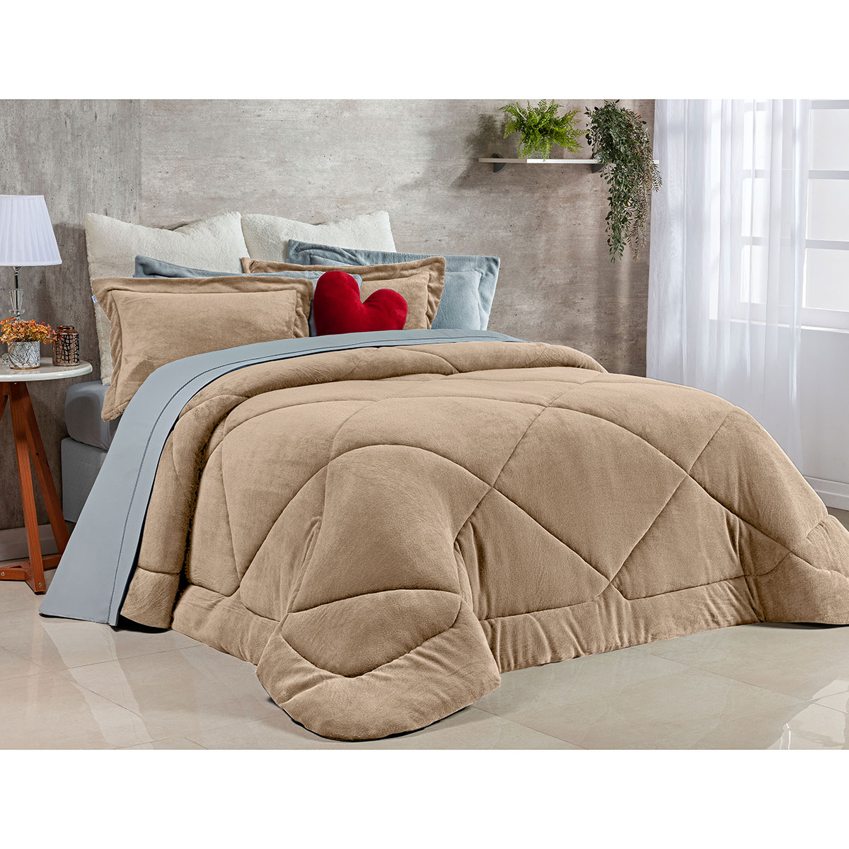 Edredom Tamanho King Size Bege Soft Microfibra + Jogo de Cama 400 Fios Micro Percal - 5 Peças