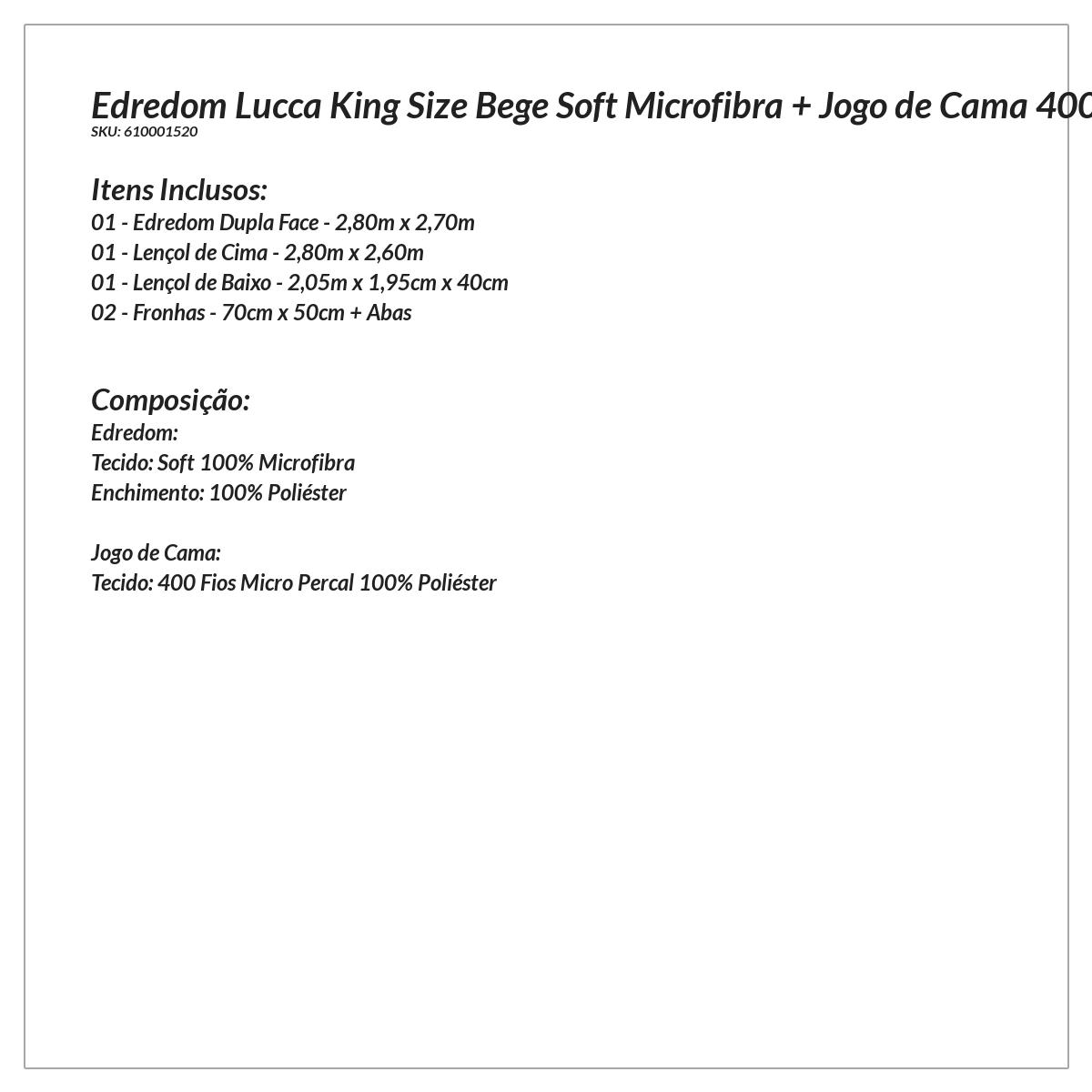 Edredom Tamanho King Size Bege Soft Microfibra + Jogo de Cama 400 Fios Micro Percal - 5 Peças