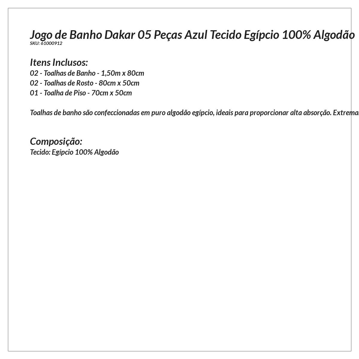 Jogo Banho Bordado 05 Peças Azul Tecido Egípcio 100% Algodão