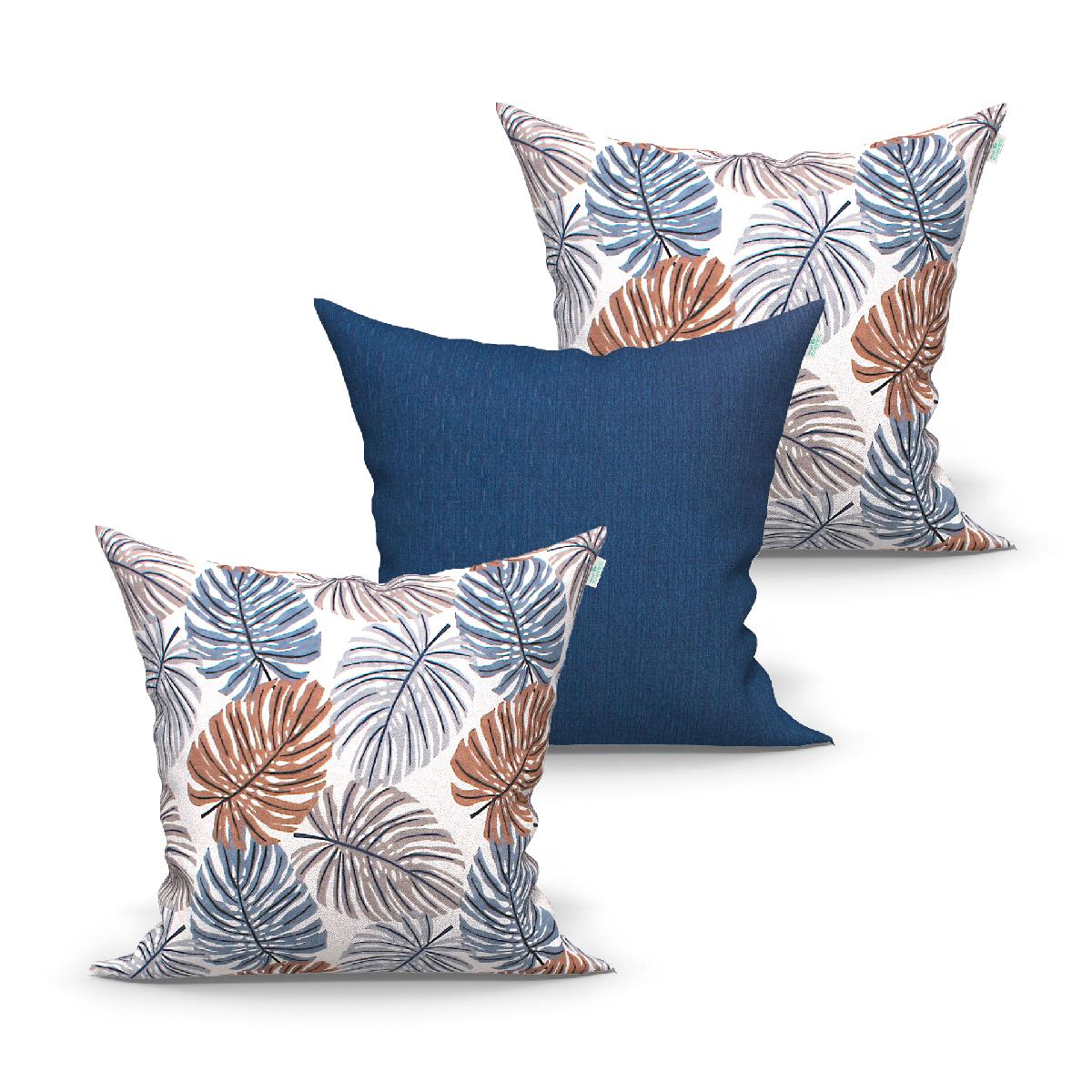 Jogo Capa de Almofada Grande Decorativa Florence Estampada e Azul 60cm x 60cm 3 Unidades com zíper