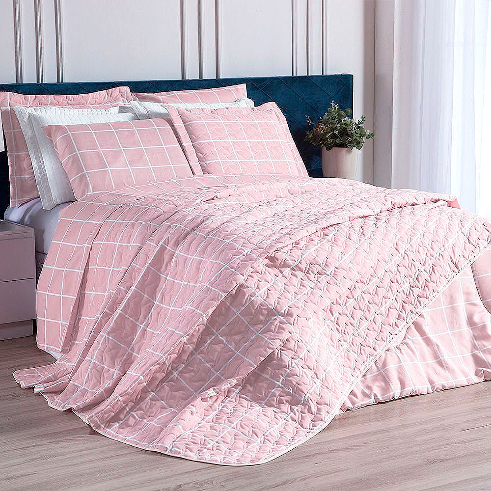 Jogo Cobre Leito Queen Size Estampado Grid Rosa 3 Peças 150 Fios Com Porta Travesseiro