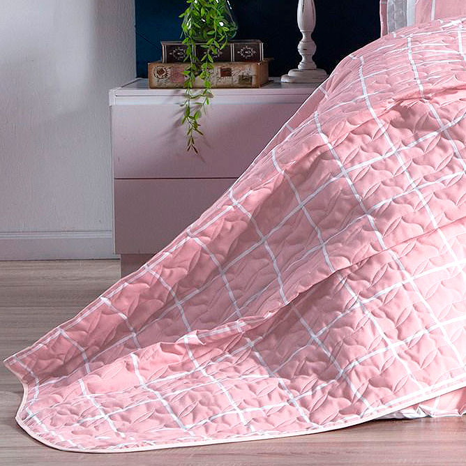 Jogo Cobre Leito Queen Size Estampado Grid Rosa 3 Peças 150 Fios Com Porta Travesseiro