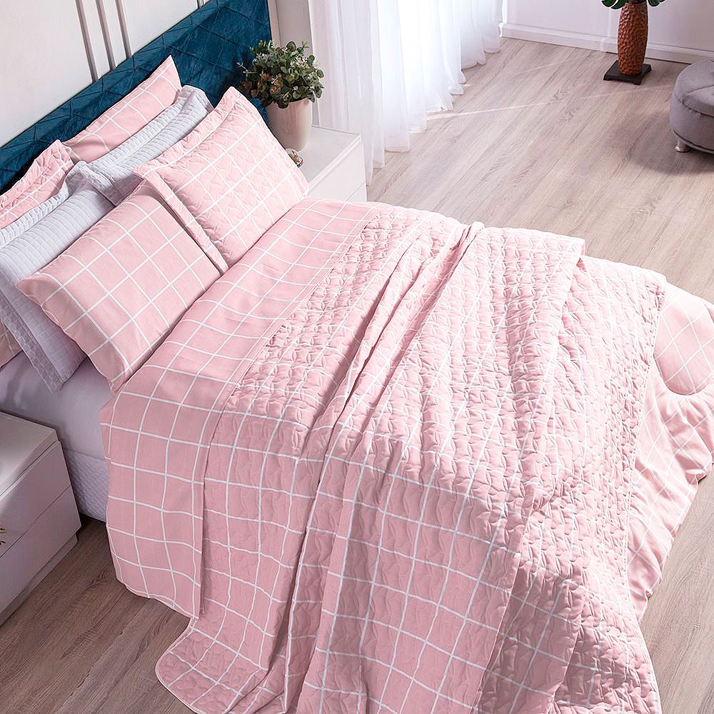 Jogo Cobre Leito Queen Size Estampado Grid Rosa 3 Peças 150 Fios Com Porta Travesseiro