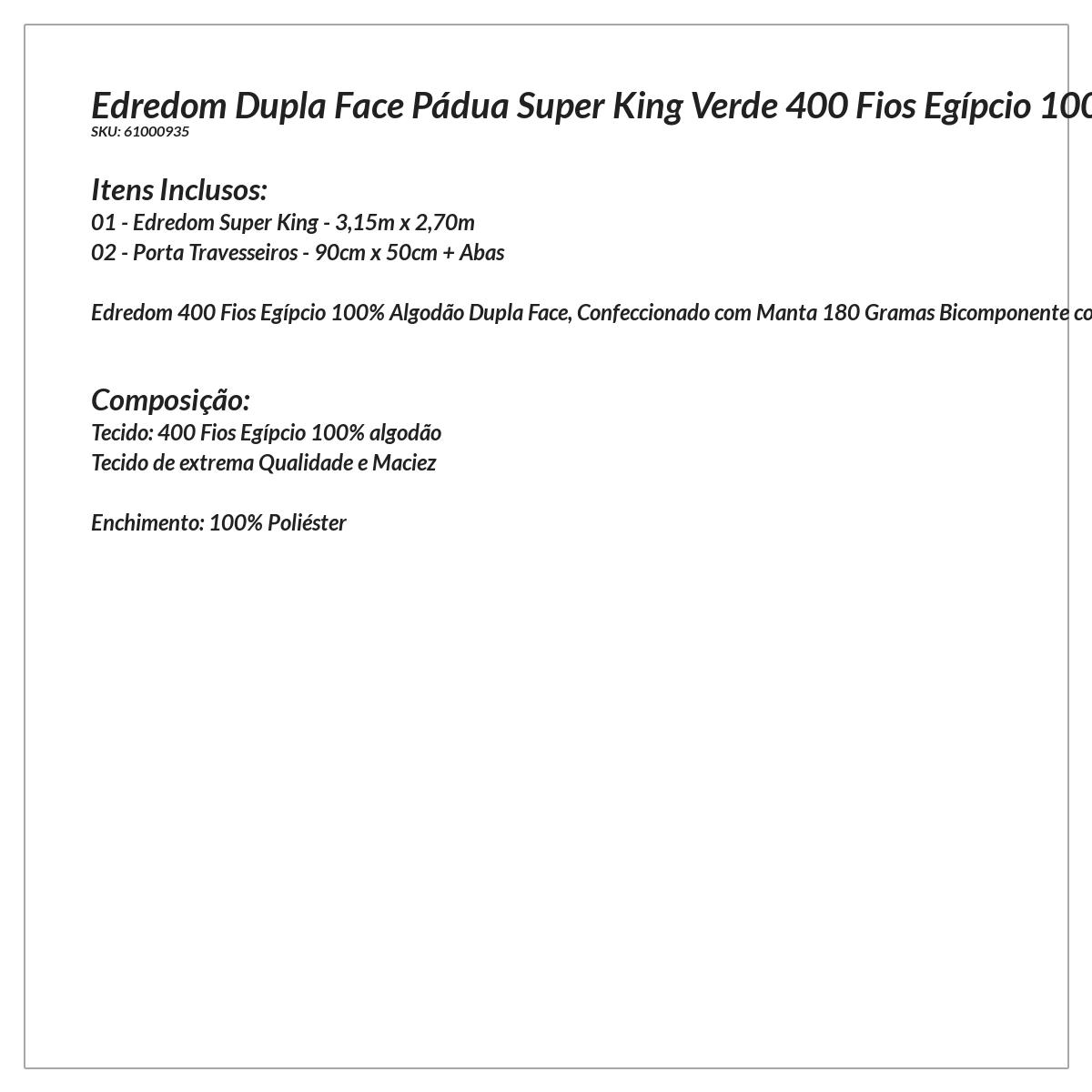 Jogo Edredom Dupla Face Super King Verde 400 Fios Egípcio 100% Algodão 3 Peças